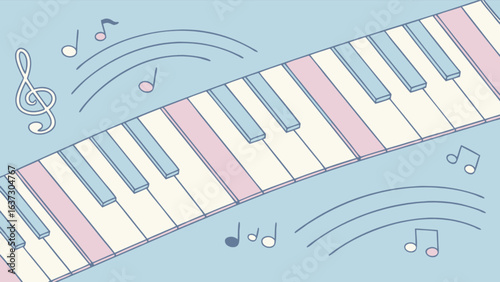 Pastel piano keyboard with music notes illustration for learning music and piano lessons design element