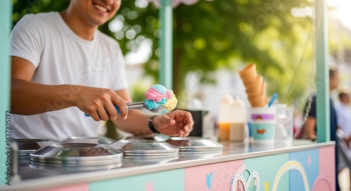 Ice Cream Scoop Colorful Dessert at Outdoor Stand