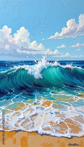 Vibrant Ocean Wave and Sandy Shore Seascape