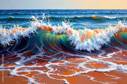 Vibrant Ocean Waves with Energetic Foam Splash