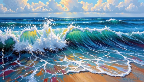 Vibrant Ocean Waves with Sunlit Shoreline