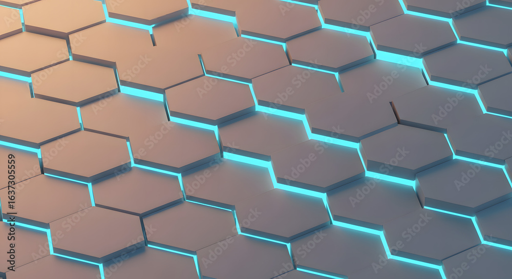 Fototapeta premium Abstract background of hexagonal tiles with glowing blue lines between them, creating a futuristic and technological pattern.