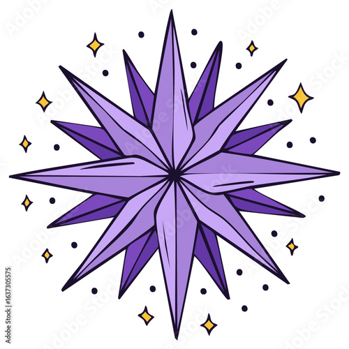 Celestial faceted purple star with glowing sparkles illustration