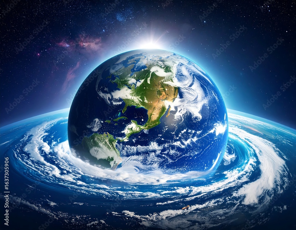 Fototapeta premium A vibrant Earth image, sunlight illuminating the Americas, encircled by atmospheric swirls against a cosmic backdrop