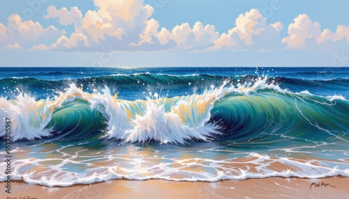 Dynamic Ocean Wave Crashing Sandy Shore