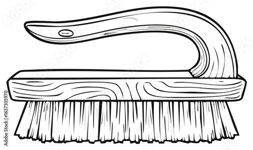 Wooden Scrubbing Brush with Handle, Outline Illustration for Cleaning and Household Tasks
