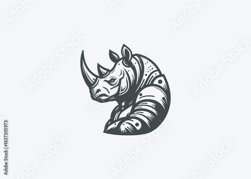 Armored rhino logo symbolizing toughness, defense, and raw power.