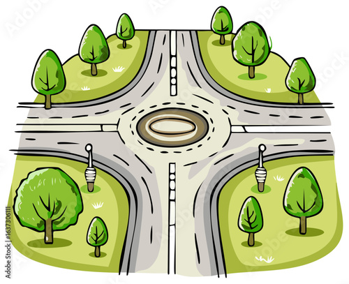 Aerial view of a stylized roundabout with trees, grass, and street lights in a cartoon style illustration.