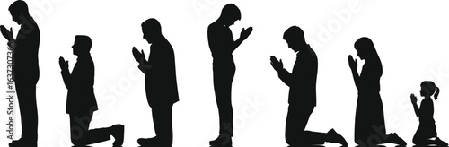 Silhouette of people praying, men women and child kneeling and standing in worship, religious devotion, black white flat vector illustration