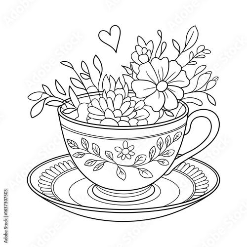 Charming hand drawn floral tea cup and saucer with a heart illustration for coloring