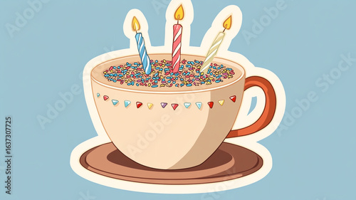 Cute cozy coffee cup with sprinkles celebrating birthday sticker design,