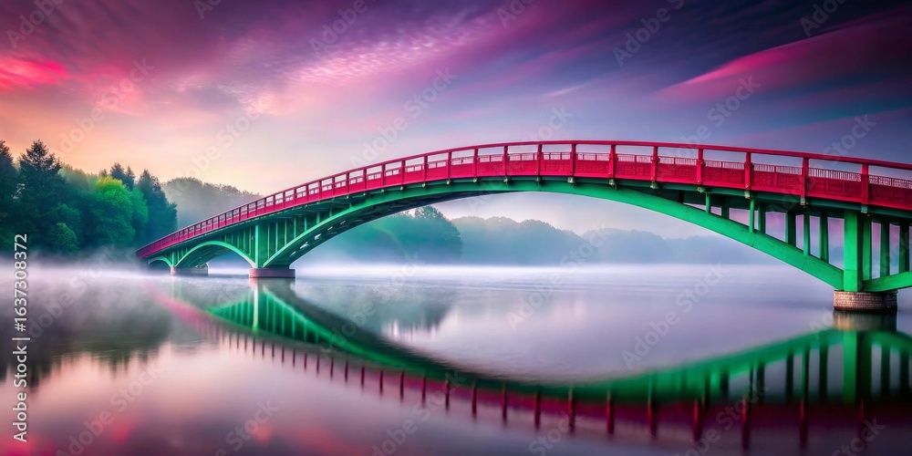 Obraz premium Stunning bridge reflecting in calm water during sunrise, creating a peaceful, serene atmosphere