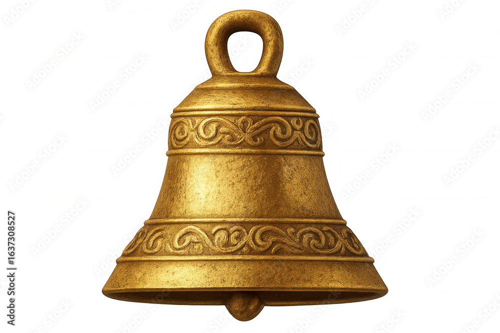 Shiny golden bell with ornate carvings, isolated on a transparent background, creating a festive atmosphere Shiny golden bell with ornate carvings, isolated on a transparent background, creating a festive atmosphere