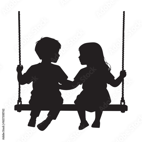  A striking black silhouette illustration depicting two young children sharing a moment on a classic swing set against a pure white background. 