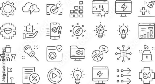 Illustration showing various business and technology icons including gear cloud lightning and lightbulbs silhouette