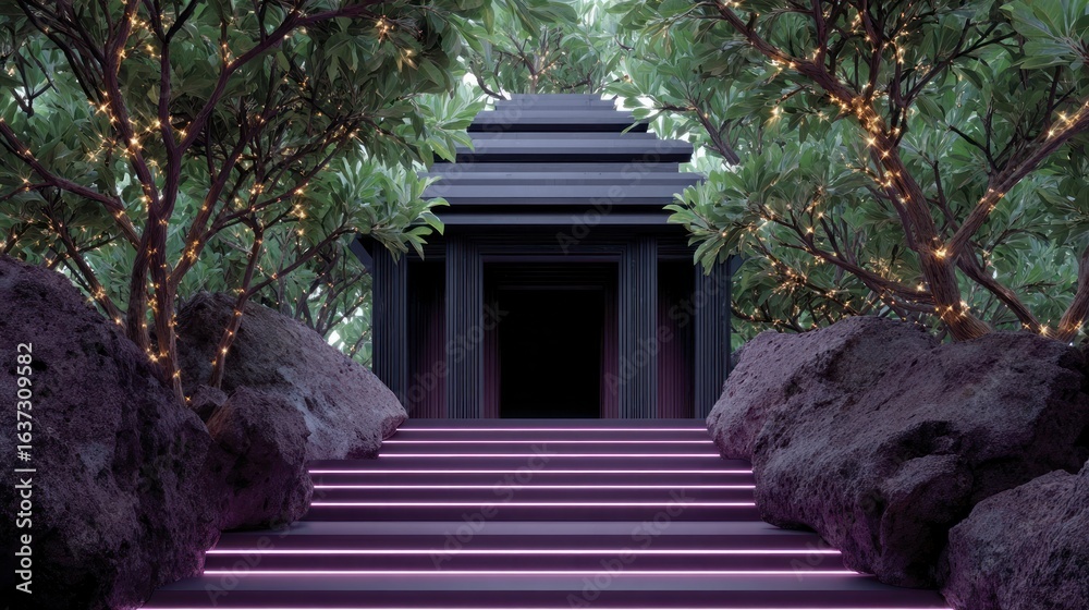 Fototapeta premium Dark modern temple entrance with glowing purple stairs framed by trees adorned with fairy lights and rocks