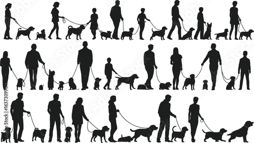Multiple people walking dogs in silhouette, pet owners with different dog breeds on leash, outdoor activity concept, black vector illustration design