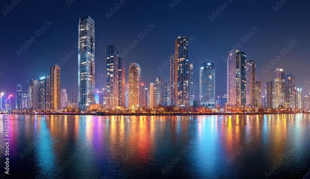 Fototapeta premium Panoramic view of a vibrant city skyline at night, reflecting in a calm waterway. Modern skyscrapers, illuminated with colorful lights, line the shore