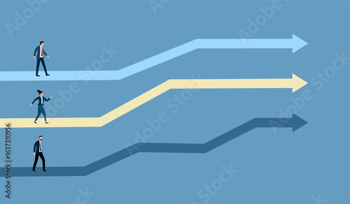 Businesspeople with their own career paths in flat design.