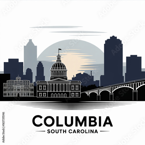 Columbia, South Carolina Skyline Silhouette - State Capitol City and Historic Bridge Vector Illustration