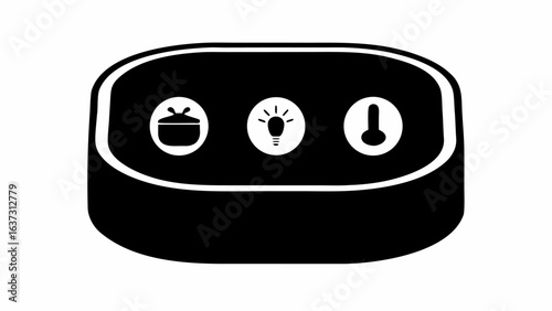 Black control panel with three white circular icons indicating cooking light and temperature settings | editable eps vectors silhouette