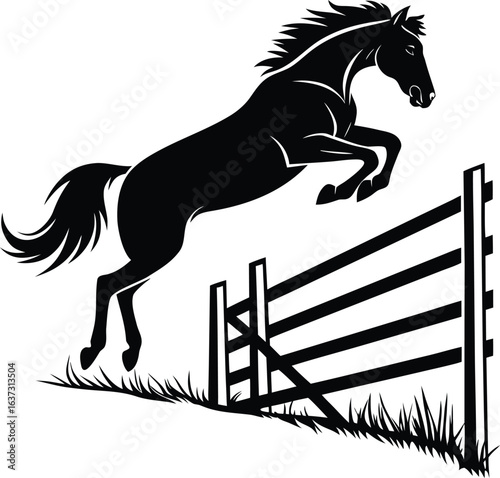 Dynamic black horse jumping over fence silhouette