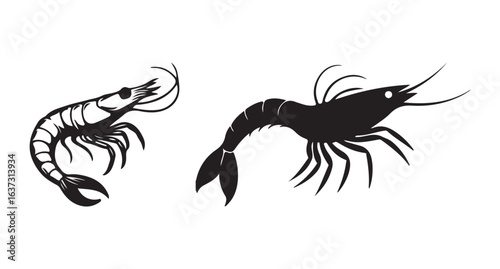 Black shrimp animal set icon. Vector of shrimp animal, shrimp silhouette, black shrimps isolated on white background. eps 10