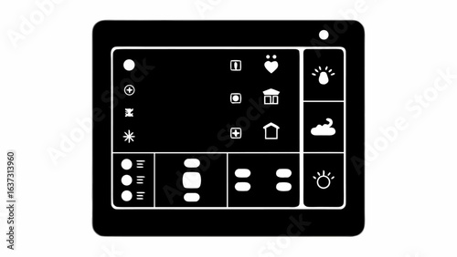 Control panel with various icons including light, house, heart, and plus symbols in a black interface | editable eps vectors silhouette
