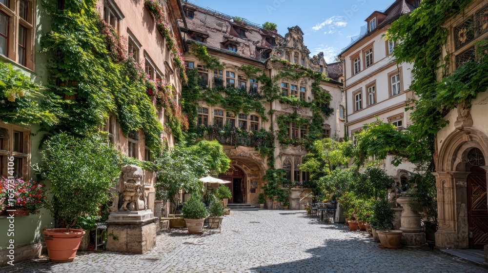 European courtyard filled with plants European courtyard filled with plants