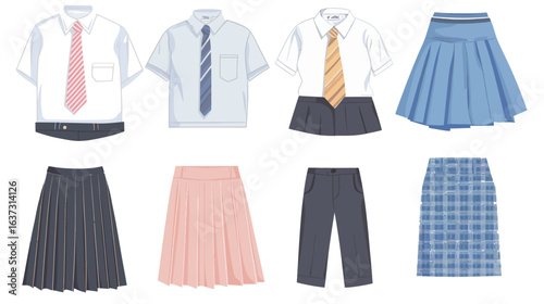 Top angle view of a series of different school uniforms arranged neatly, showcasing various styles, colors, and designs, ideal for education, fashion, student life, and cultural diversity concepts 