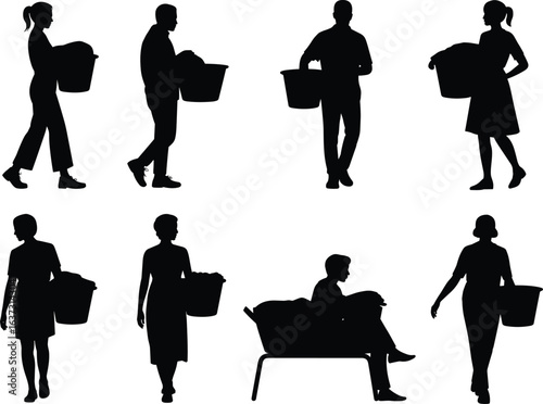 People silhouettes carrying laundry baskets in various poses for household chore concept cleaning work home life flat vector illustration