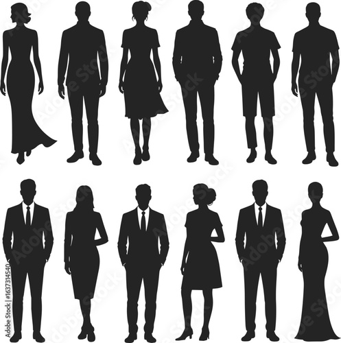Elegant men and women silhouettes in formal and casual outfits showcasing diverse fashion styles and poses for creative design projects, flat vector illustration