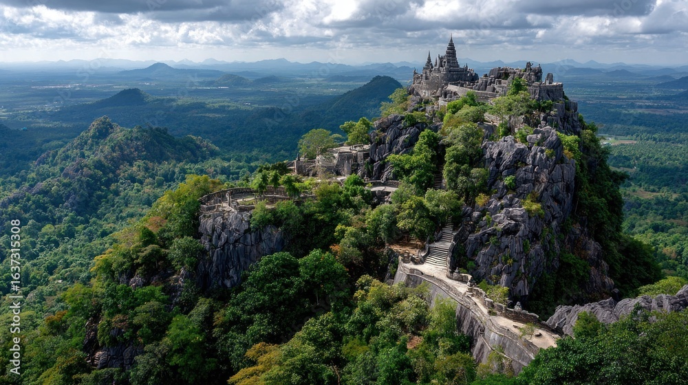 Fototapeta premium Mountaintop temple complex with lush forest