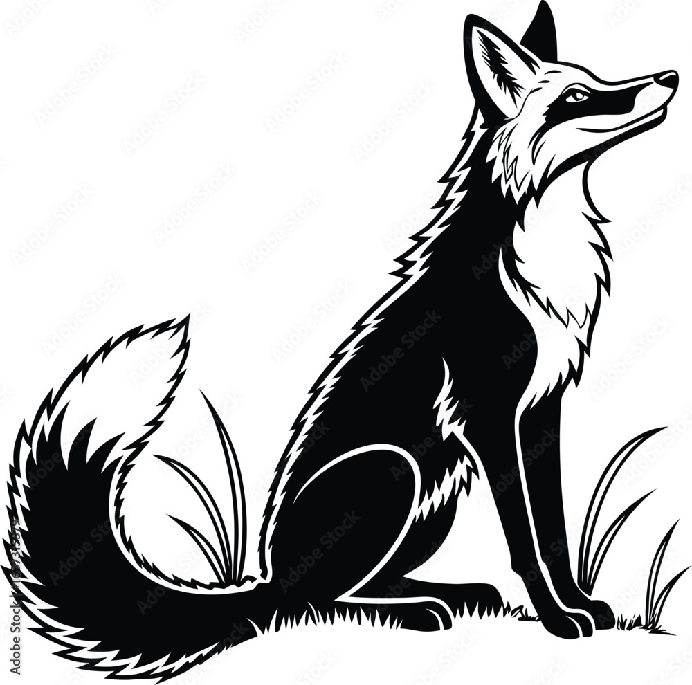 Obraz premium A sitting fox looking backward with its tail curled beside it silhouette