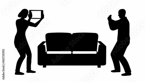 Silhouetted figures photographing a black couch with a tablet and phone in a bright white space | editable eps vectors
