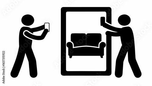 Two people photographing a couch one holding it in a frame and the other taking the picture with a phone | editable eps vectors silhouette