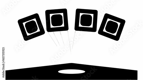 Four black and white square markers with rounded corners arranged above a black surface with a hole | editable eps vectors silhouette