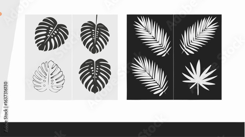 Illustration of four monstera leaves and four palm leaves arranged in a square pattern on a white and black background | editable eps vectors silhouette