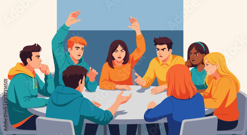 Diverse group in animated discussion during a meeting or brainstorming session, conflict