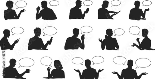 Silhouette people talking using smartphone, tablet, and coffee cup with speech bubbles, modern communication concept, flat vector illustration