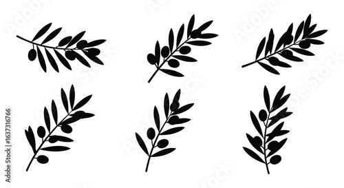 Olive Branch Collection Black and White Vector Illustration silhouette