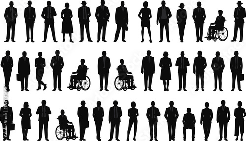 Business people silhouettes, diverse professionals standing and in wheelchairs, corporate team, men and women, formal attire, vector illustration, inclusive workplace