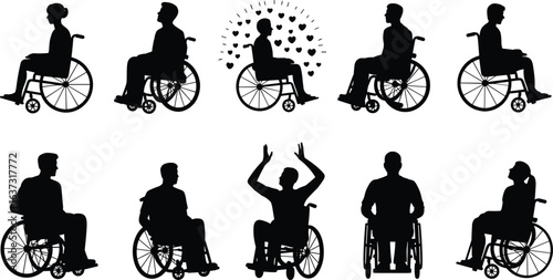 Wheelchair user silhouettes, men and women in various poses, inclusive design concept, disability awareness, accessibility, healthcare, mobility support, vector illustration