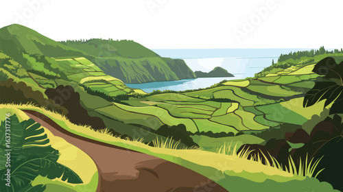 Very beautiful path along a volcano crater surrounded by lush green vegetation, showcasing a striking contrast between volcanic rock and vibrant nature, ideal for landscapes, hiking, adventure, 