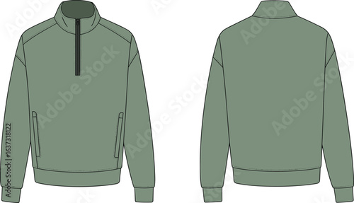 Green quarter zip pullover sweatshirt, front and back view, long sleeve casual sportswear, flat fashion sketch, vector apparel design illustration