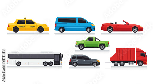 Flat cars set. Taxi and minivan, cabriolet and pickup. Bus and suv, truck. Urban, city cars and vehicles transport vector flat icons. Cabriolet and truck, car and bus, automobile pickup illustration 