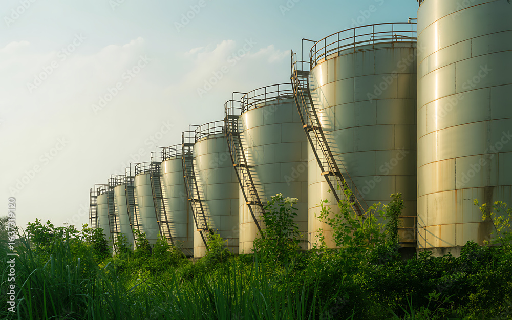 Fototapeta premium Row of large industrial storage tanks with ladders