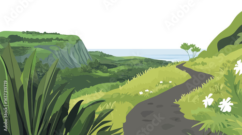 Very beautiful path along a volcano crater surrounded by lush green vegetation, showcasing a striking contrast between volcanic rock and vibrant nature, ideal for landscapes, hiking, adventure, 
