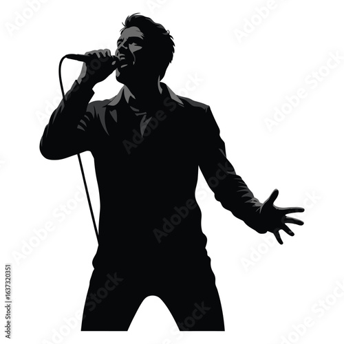 Silhouette of a male singer performing with a microphone on a white background
