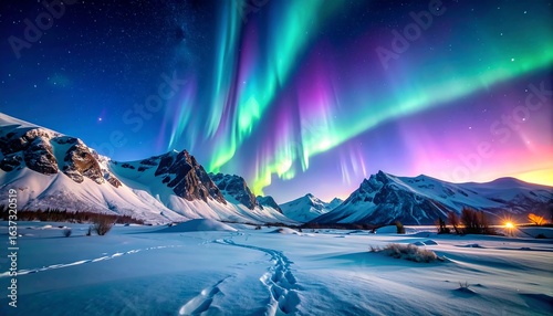 Majestic aurora borealis over snowy mountain range